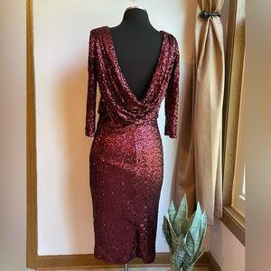 Badgley Mischka sequin wine red drop back midi dress